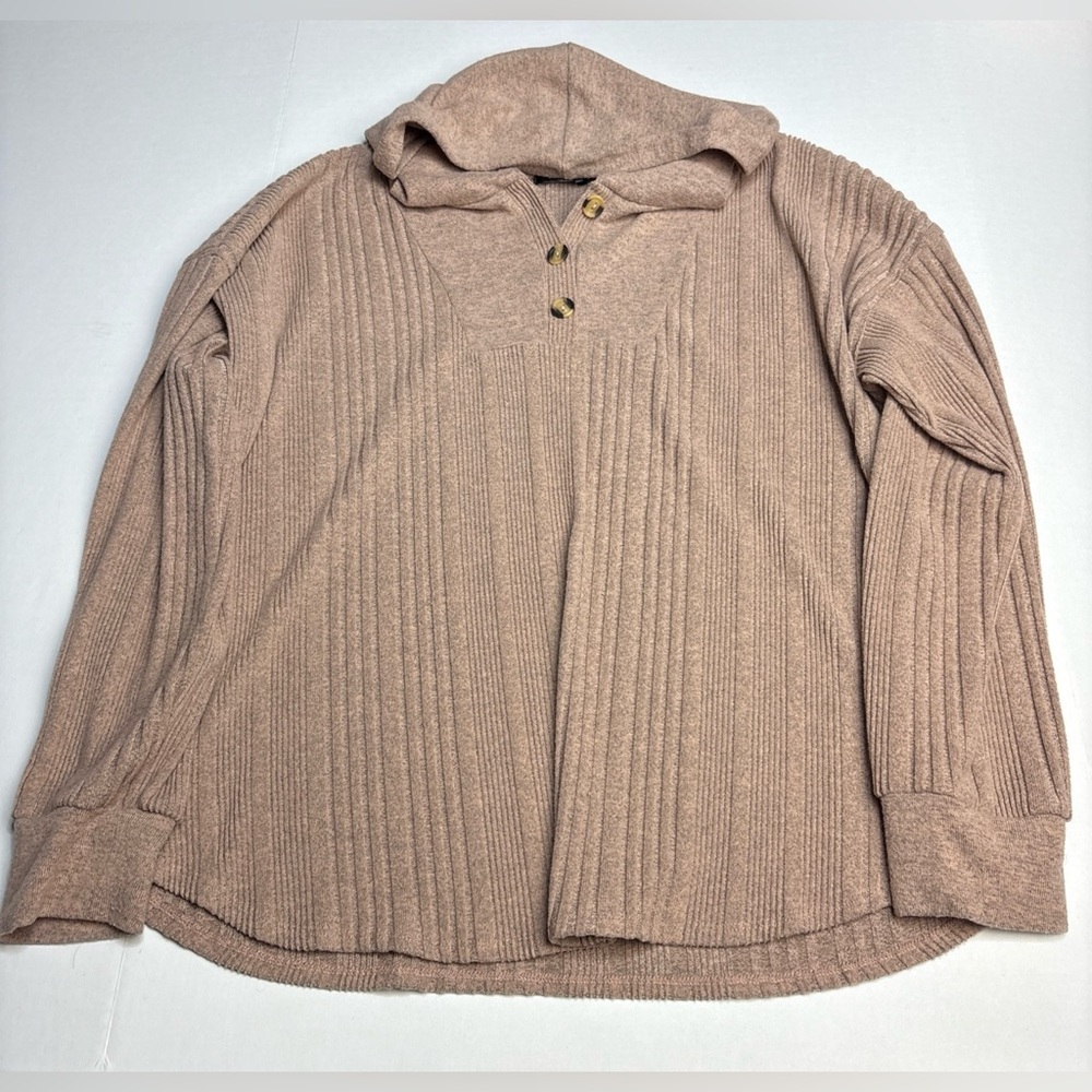Cure Women’s XL Shirt Beige Ribbed Lightweight Hooded Polyester Blend Basic